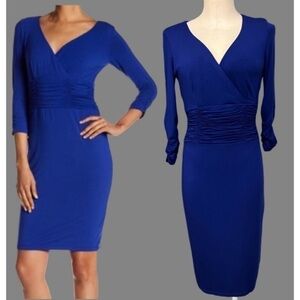 NUE BY SHANI Royal blue Surplice 3/4 sleeves midi dress with bodycon slip